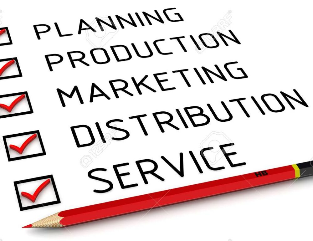 Business strategy: planning, production, marketing, distribution, service. Red pencil and a checklist with red marks